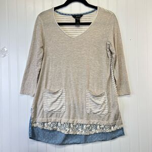 Ali Miles Mixed Media HiLow 3/4 Sleeve Tunic Top xs